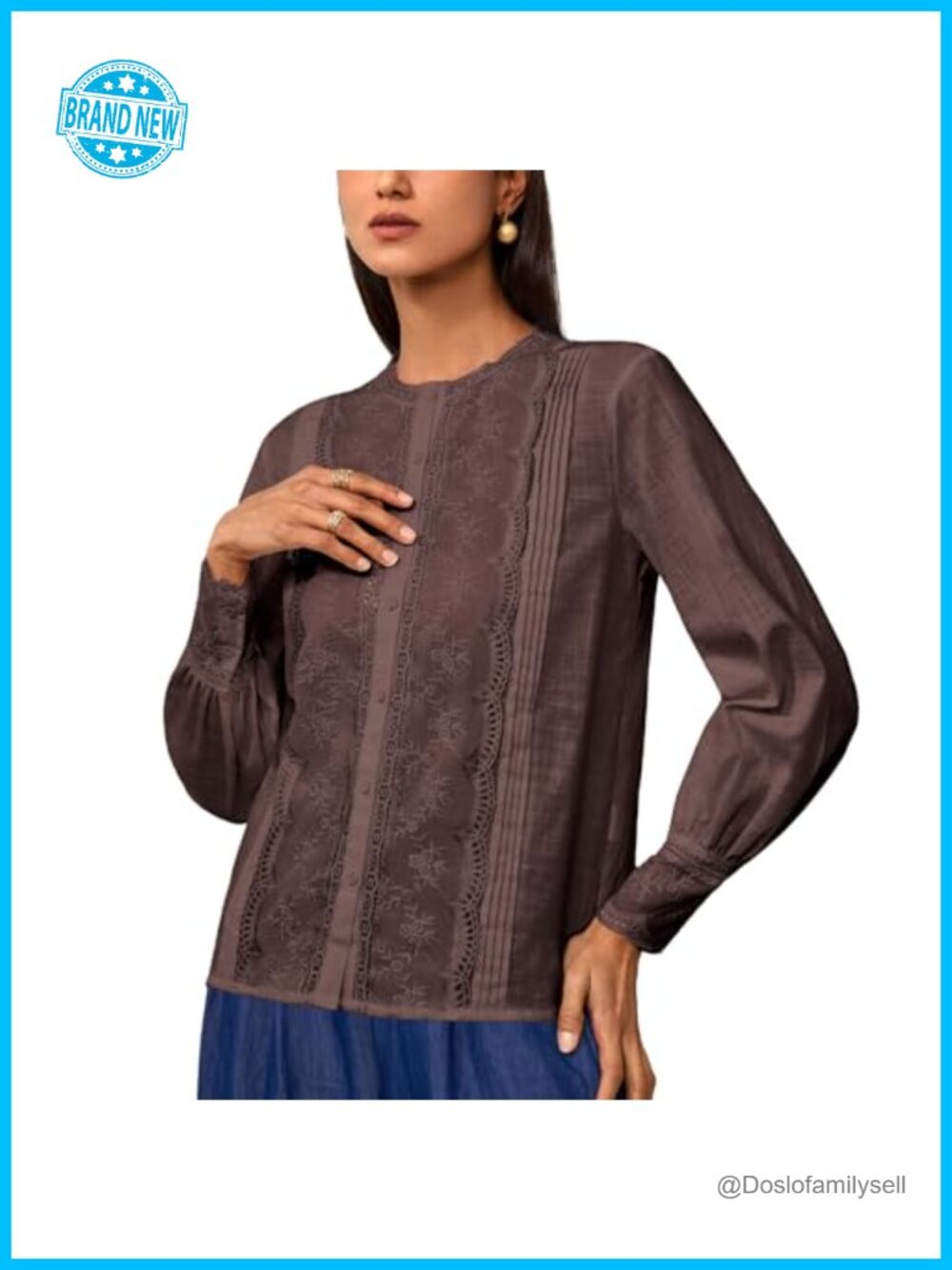 Lace Trim 100% Cotton Long Sleeve Blouse Button Down Pleated Tunic Top